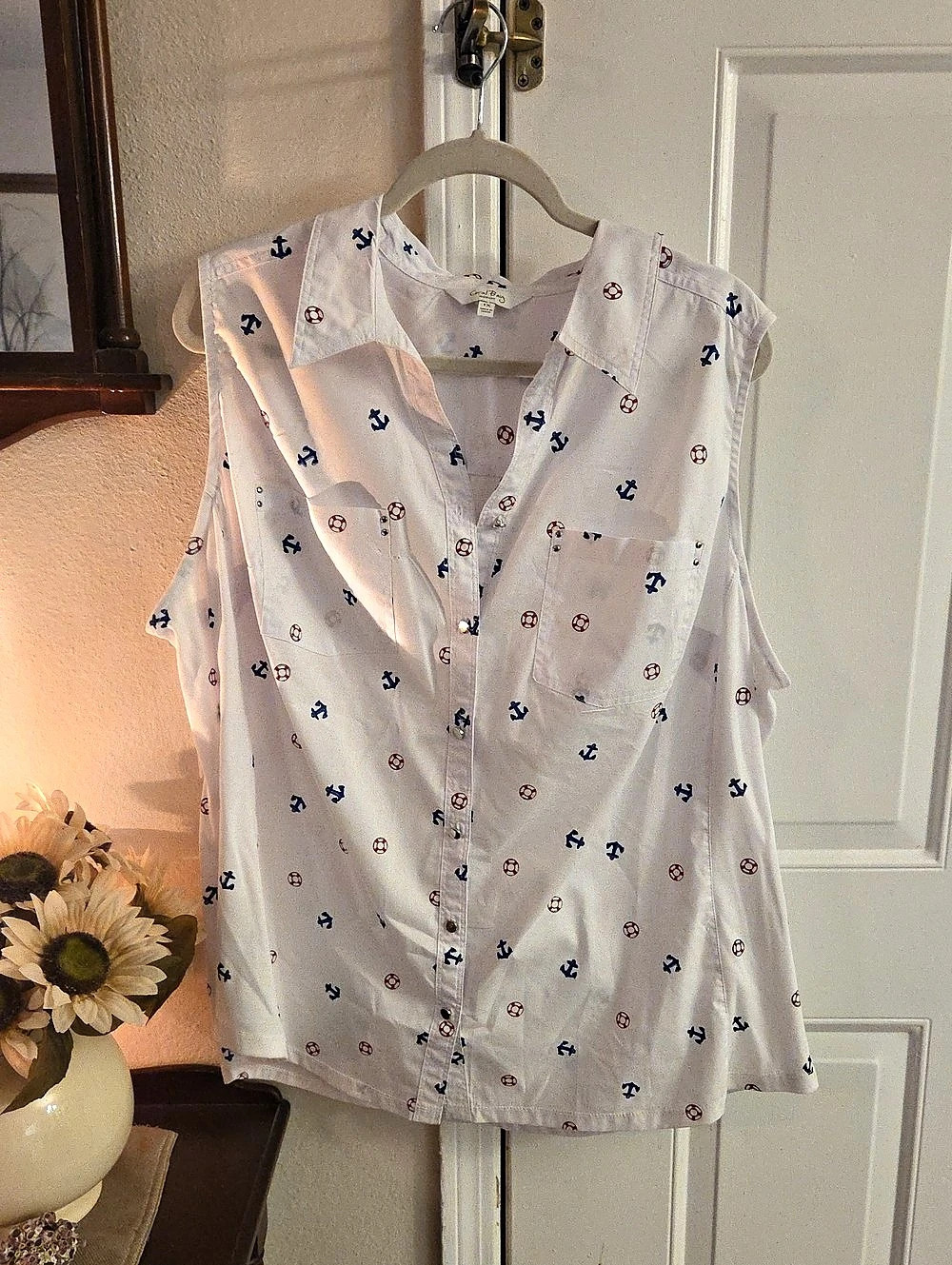 Coral Bay Nautical Print Sleeveless Blouse White XL
